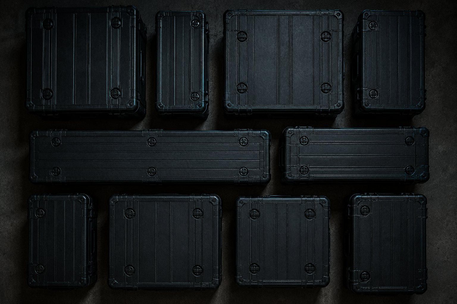 Ten black hard equipment flight cases of varying sizes, closed and latched, laid out in a grid on a dark concrete floor and photographed from directly overhead