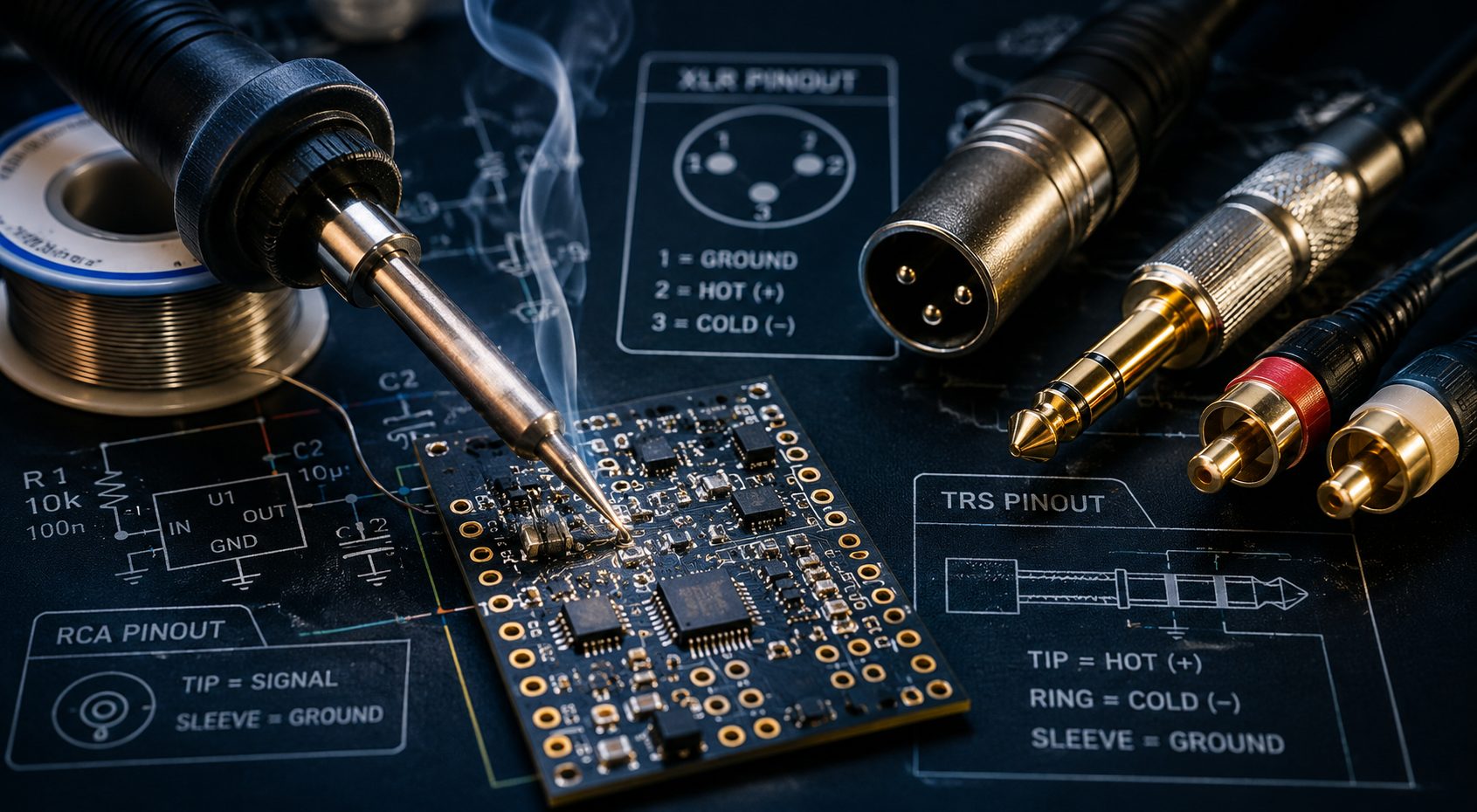 Soldering a miniature audio connector at the bench with an iron and fine wire